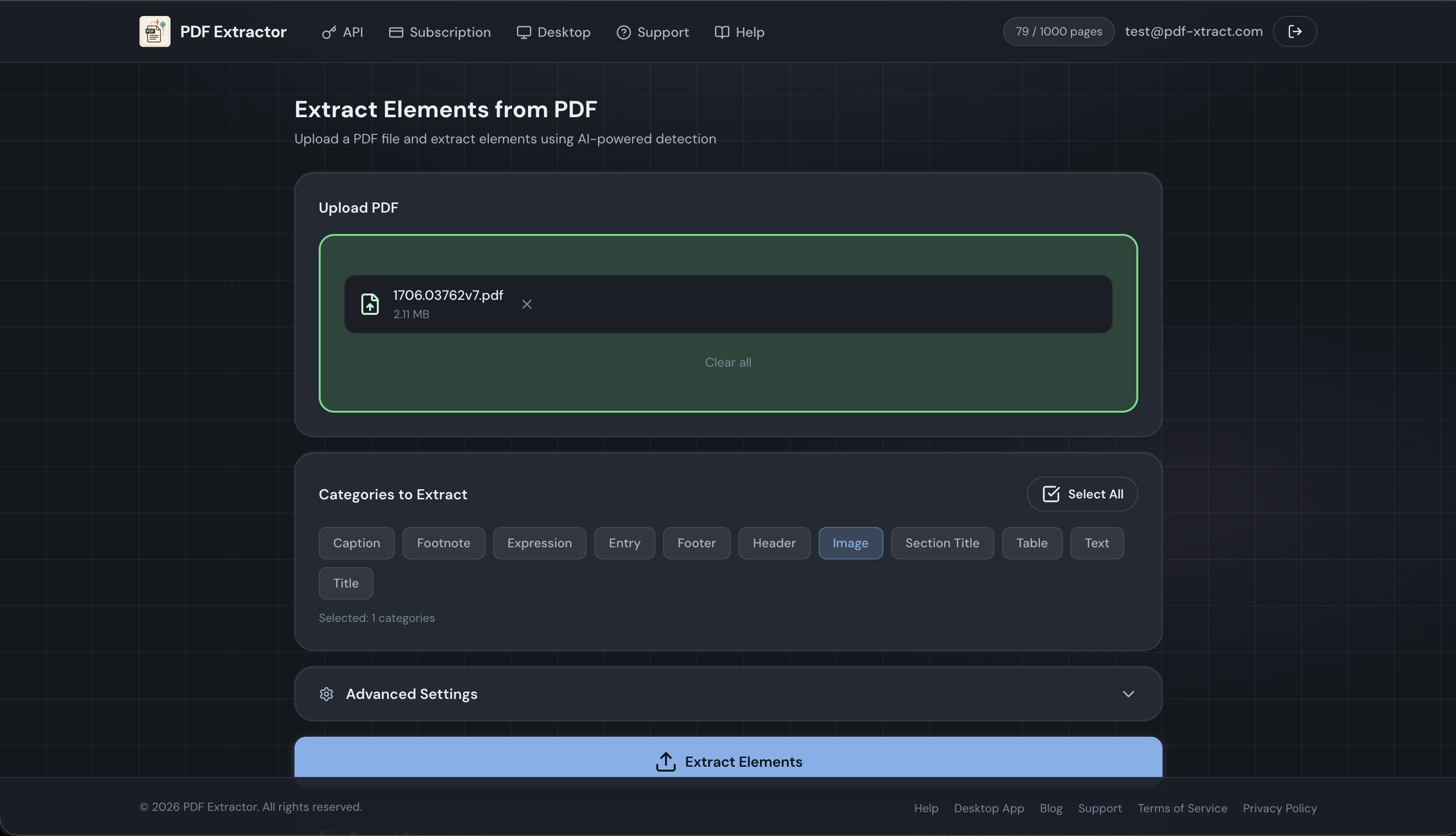 PDF Extractor web app — upload interface with category selection